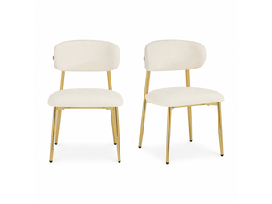 Lot de 2 chaises de salle à manger rembourrées blanches, dossier incurvé, pieds en métal doré, patins réglables, charge 125 kg, design moderne