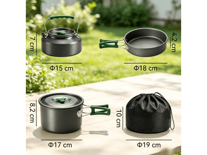 Set de cuisine camping 11 pièces en aluminium avec poignées anti-chaleur et sac de transport - Conforama C