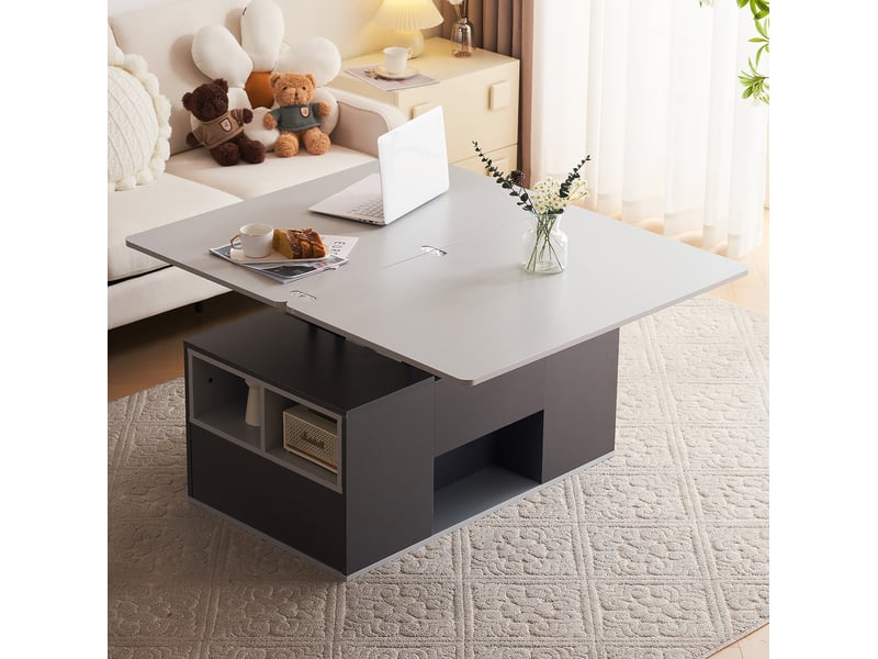  Table basse relevable ulevr 100 x 51 x 47 cm, plateau 2-en-1 avec rangement, panneau de particules gris foncé et gris clair  - Conforama D
