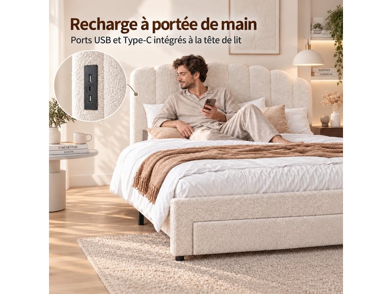  Lit double rembourré 140x200 cm avec tiroir, lit adulte avec rangement et ports usb, tête de lit coquillage réglable en hauteur, lit adulte avec sommier à lattes, beige  - Conforama R
