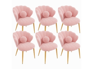 Lot de 6 fauteuils - 60x62.5x83 cm - tissu bouclé - assise rembourrée - dossier coquillage - pieds en métal - usage quotidien - rose