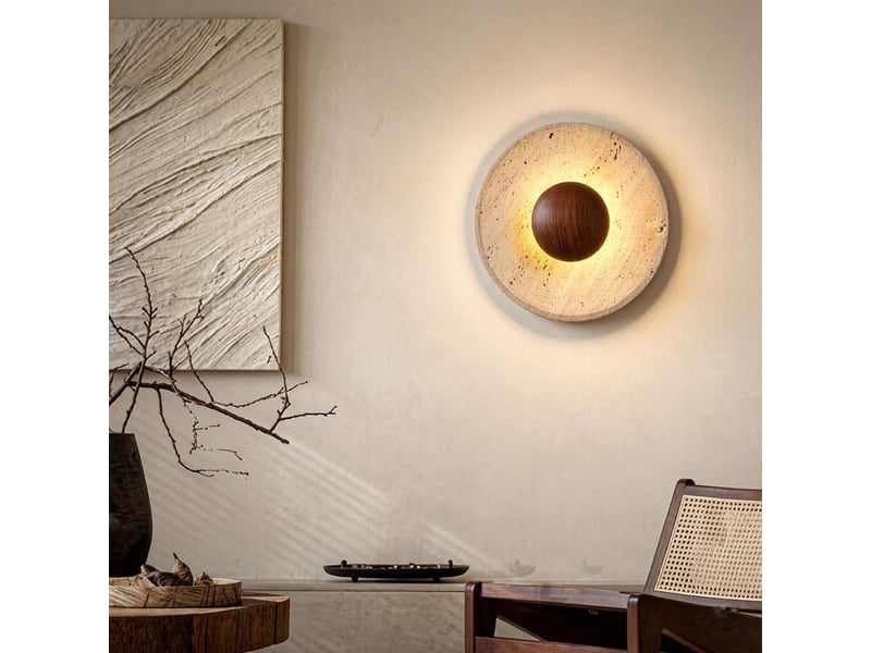  Applique murale en travertin style wabi-sabi lampe murale en travertin jaune naturel avec bois de noyer massif  - Conforama C