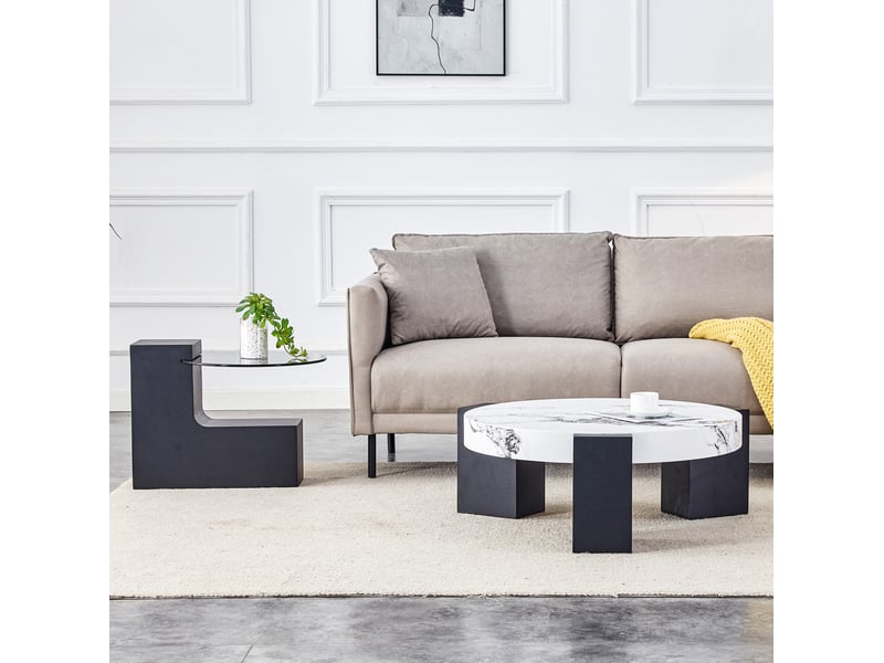  Tables basses rondes gigognes 61x30+44x39 cm, table d'appoint, plateau effet marbre mdf et verre, salon, blanc et noir  - Conforama B