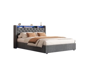 Tcqpz lit coffre 140x200 cm velours holland gris avec étagère de tête de lit
