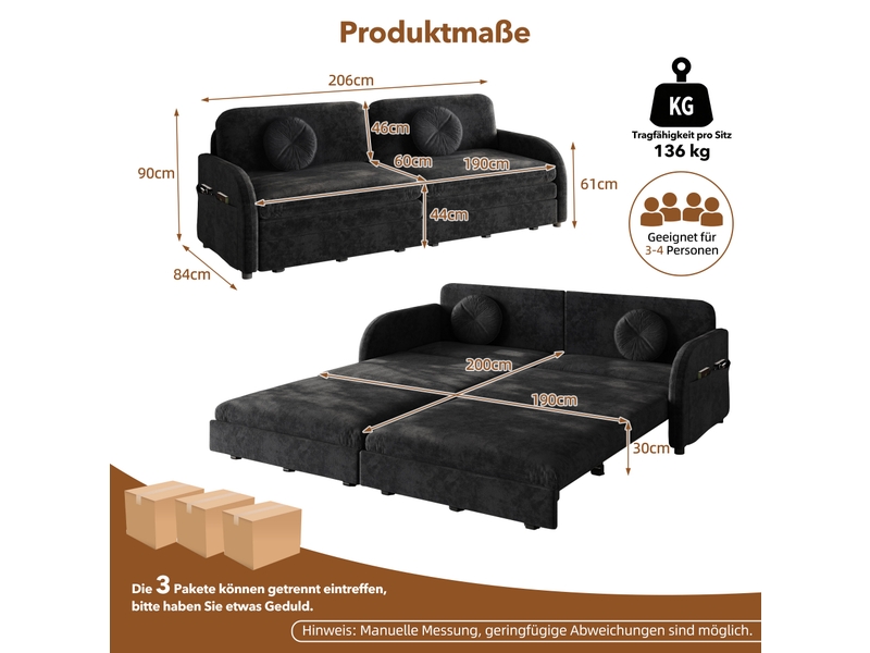  Canapé 3 places 3-en-1 extensible 206x84x90 cm en chenille noir  - Conforama C