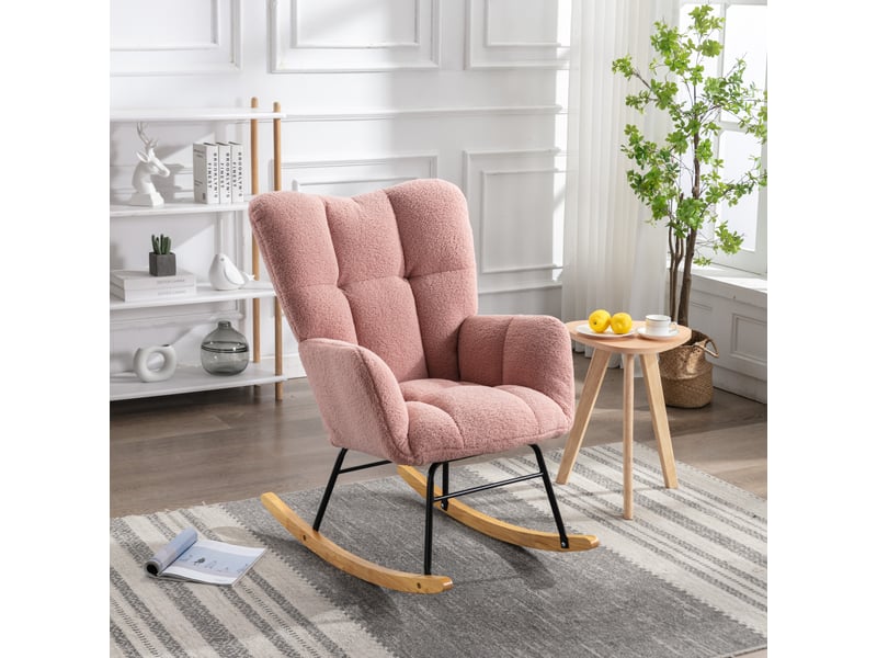  Fauteuil à bascule mid-century en tissu teddy capitonné, rose  - Conforama B