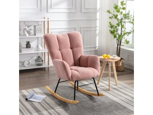 Fauteuil à bascule mid-century en tissu teddy capitonné, rose