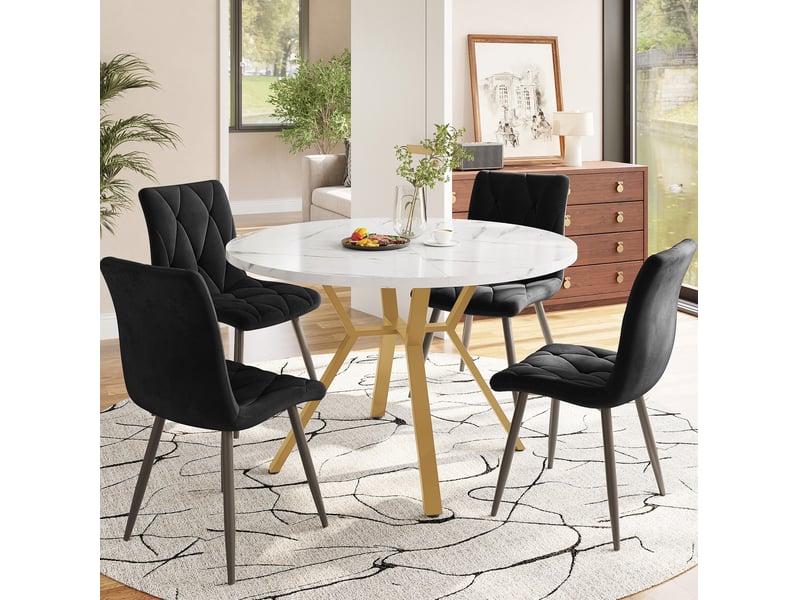  Ensemble repas 5 pièces 100 cm – noir et doré – table ronde avec placage marbre et 4 chaises en velours  - Conforama B