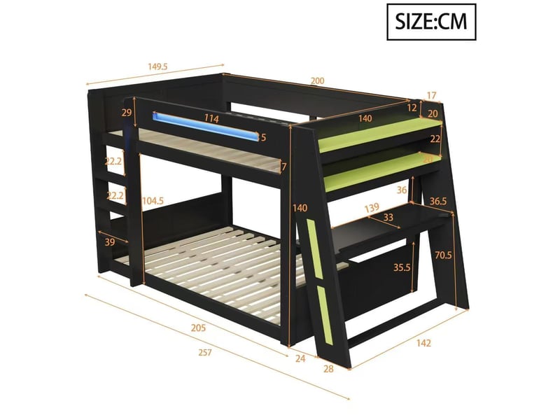  Lit mezzanine gaming 140x200 cm avec bureau, 2 étagères, led, port usb et garde-corps, pin et mdf, noir et vert  - Conforama C