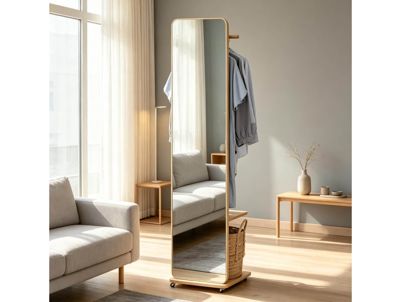  Miroir sur pied 40x44,5x170 cm avec porte-vêtements mdf bois aspect bois clair  - Conforama C