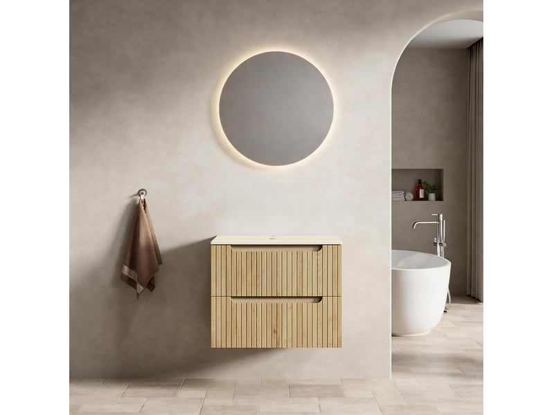  Meuble sous vasque de salle de bain sans vasque avec 2 tiroirs et plan en pierre frittée, chêne clair  - Conforama B
