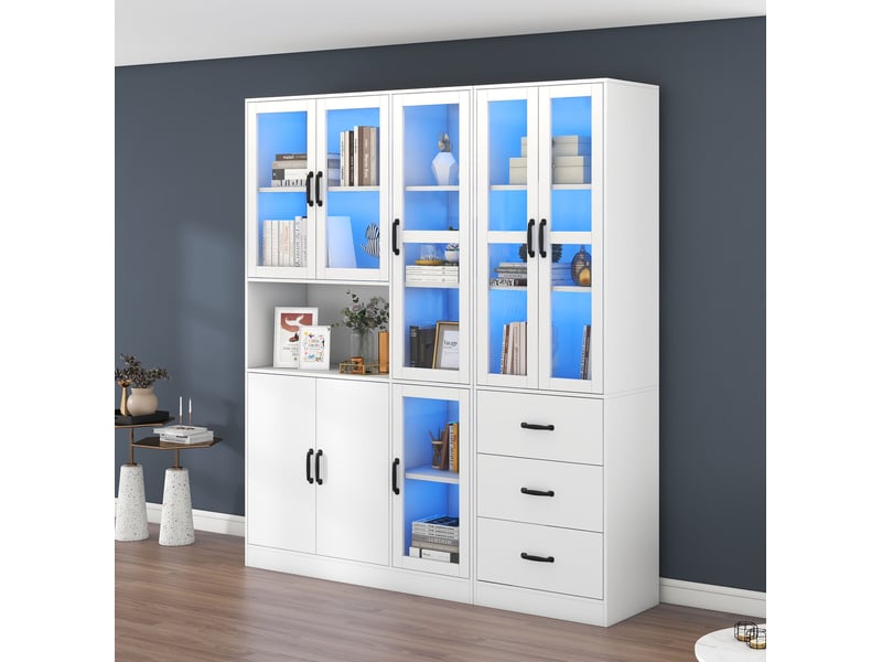  Vitrine combinée blanche 180 x 40 x 200 cm avec éclairage led, 8 portes, 3 tiroirs  - Conforama E