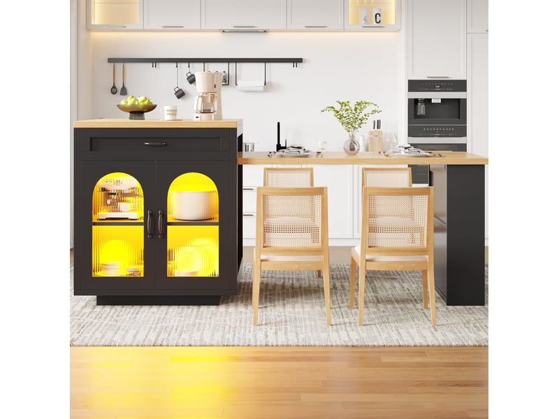 Desserte de cuisine extensible avec 2 tiroirs, étagère réglable, portes vitrées et led, en mdf noir, 126 × 59 × 94 cm - Conforama B