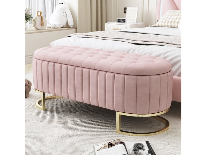  Banquette coffre 120x39,9x43 cm, rangement, repose-pieds, banc de lit, salon et chambre, pieds métal, velours, rose  - Conforama B