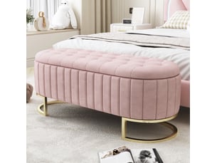 Banquette coffre 120x39,9x43 cm, rangement, repose-pieds, banc de lit, salon et chambre, pieds métal, velours, rose