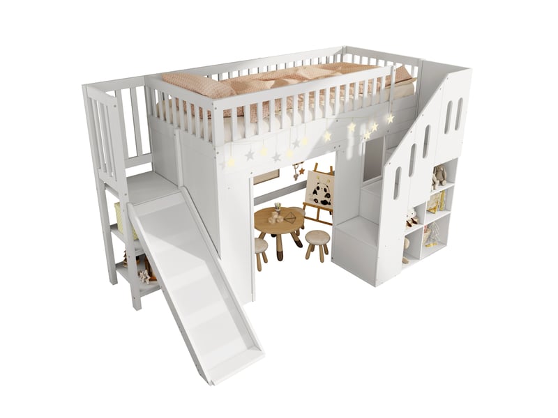 Lit superposé mezzanine enfant 90x200cm avec toboggan, escalier de rangement, barrière anti-chute et éclairage led, pin massif, blanc evarich - Conforama A