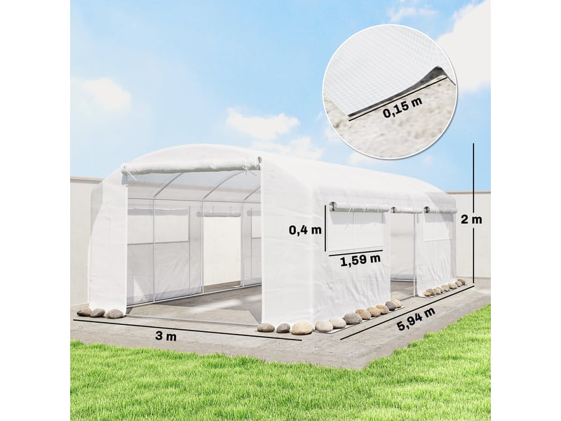  Serre tunnel de 6 x 3 x 2 m avec 3 portes sectionnelles, 6 fenêtres grillagées et structure en acier galvanisé blanc  - Conforama E