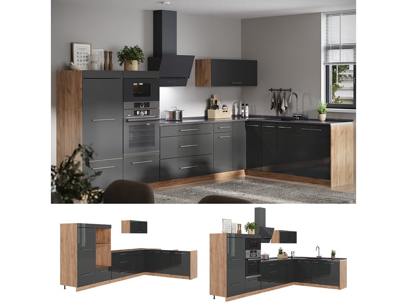 Vicco cuisine en angle, gris foncéchêne de force doré, 347x60cm, pt anthracite - Conforama D