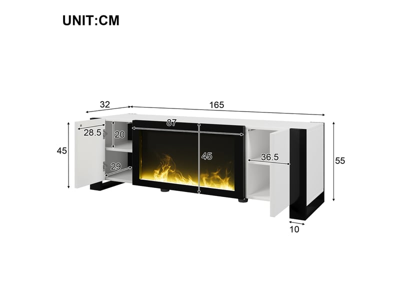  Meuble tv modenvie avec cheminée électrique décorative 165 x 32 x 55 cm blanc et noir  - Conforama C