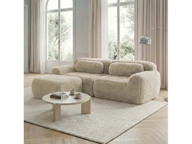 Canapé d'angle modulable 2 places en peluche kaki clair avec pouf - Conforama D