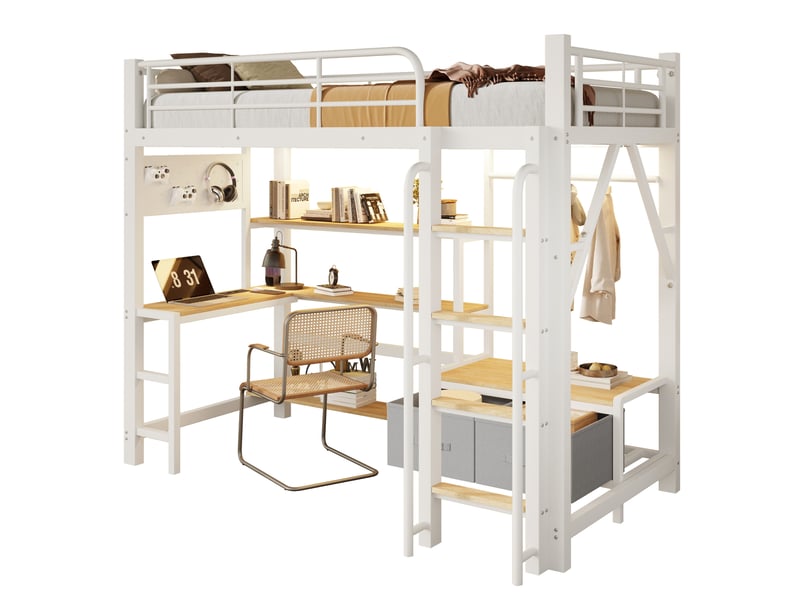 Lit mezzanine 90x200 cm, bureau intégré, panneau perforé, avec éclairage led usb, espaces de rangement multiples, métal et mdf blanc sans matelas - Conforama A