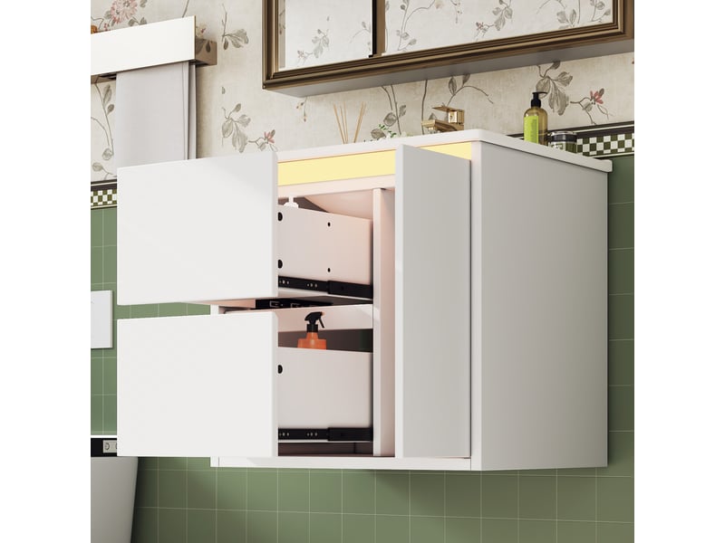 Meuble sous vasque mural, 2 tiroirs et 1 placard, led radar, salle de bain, mdf et céramique, 61×46,5×57 cm blanc - Conforama C