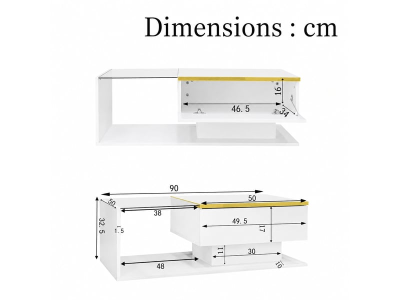  Table basse rectangulaire blanche brillante avec éclairage led, 90 x 50 cm  - Conforama C