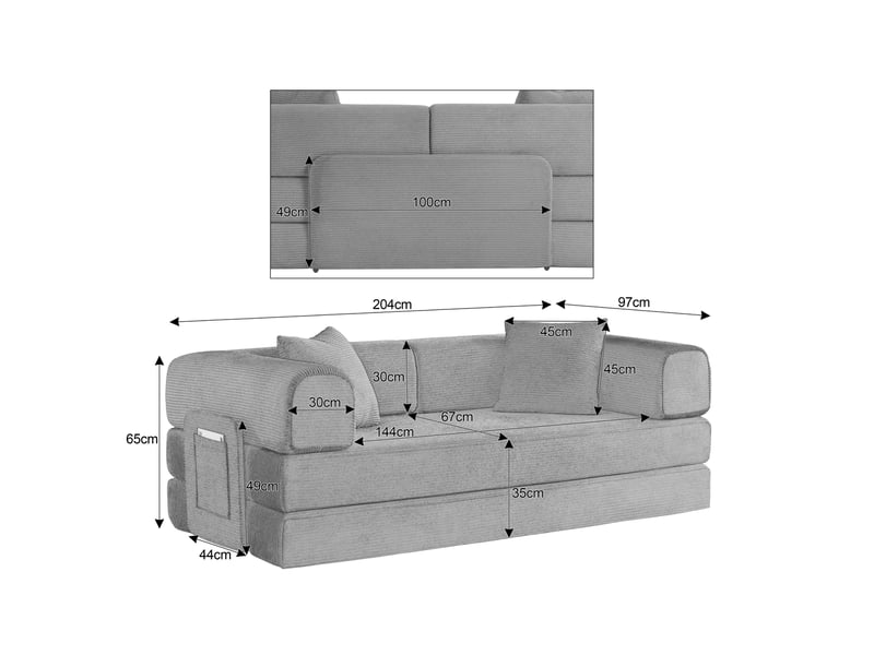  Canapé convertible 204x97x65 cm en velours côtelé et mousse avec 2 coussins taupe chicfurn  - Conforama D