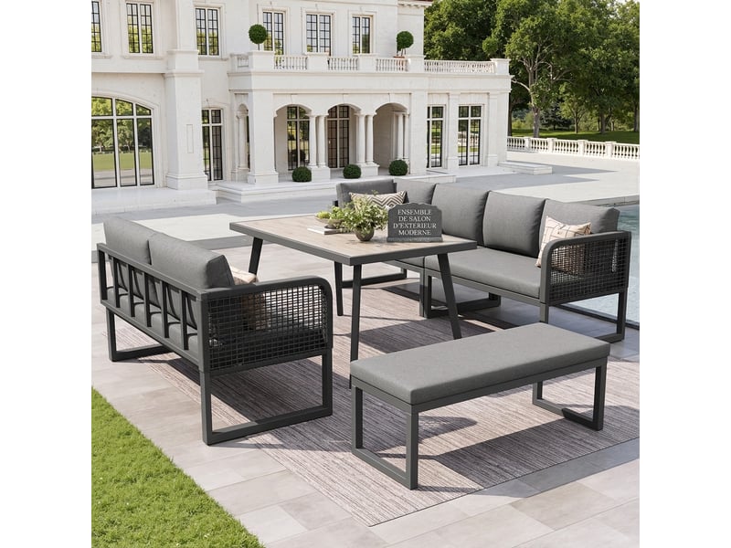 Ensemble de mobilier de jardin pour 6 à 8 personnes, gris, salon de jardin en polyrotin avec table et banc, résistant aux intempéries, 121,5 x 61 x 77 cm - Conforama E