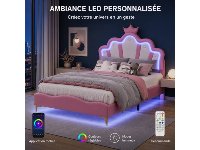 Lit princesse 140x190 cm, lit enfant rembourré avec led et sommier, lit fille avec avec tête de lit en forme de couronne, lit 2 places avec tête de lit réglable, pu, rose - Conforama R