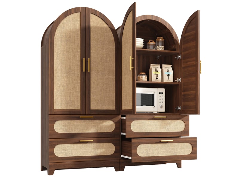  Lot de 2 buffets hauts effet rotin, meubles de rangement 4 portes et 4 tiroirs, décor noyer, 160 x 40 x 175 cm Fay Lum - Conforama A