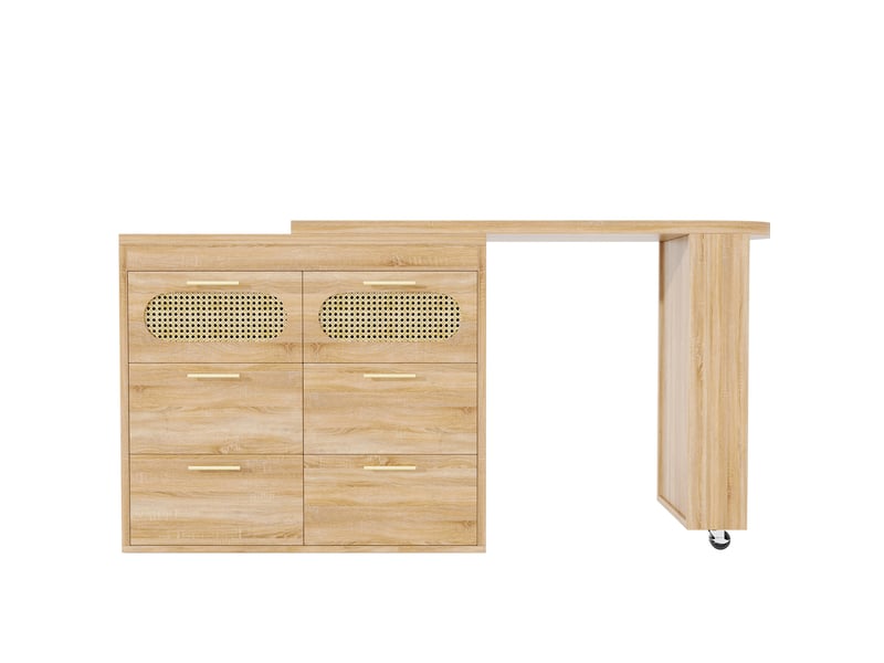 Table bar 203x39x90 cm naturel mdf et métal, 6 tiroirs, rangement avec plateau pivotant  - Conforama D