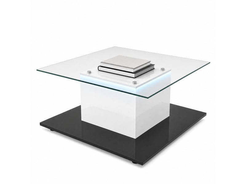  Table basse avec plateau en verre trempé, led réglable et roulettes, pour salon moderne, noir et blanc, 80 × 80 × 40 cm  - Conforama A