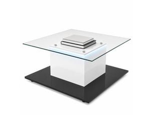 Table basse avec plateau en verre trempé, led réglable et roulettes, pour salon moderne, noir et blanc, 80 × 80 × 40 cm
