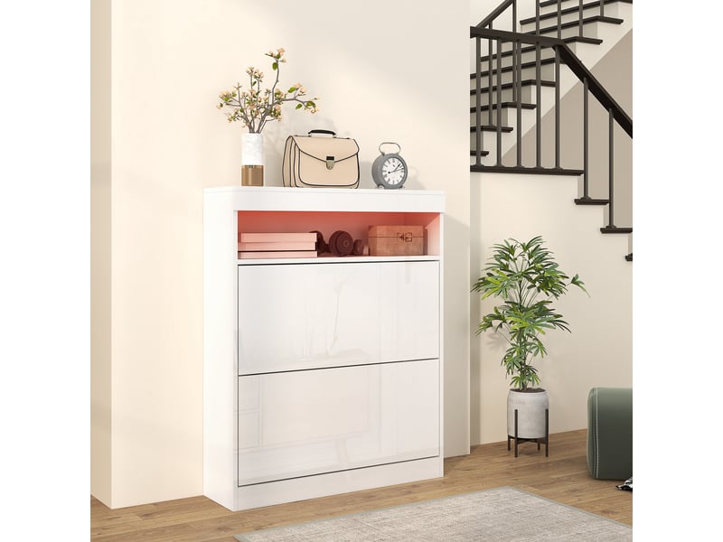 Meuble à chaussures avec éclairage led et 2 tiroirs abattants pour 12 à 16 paires de chaussures, 80 x 24 x 99,5 cm, blanc brillant - Conforama C