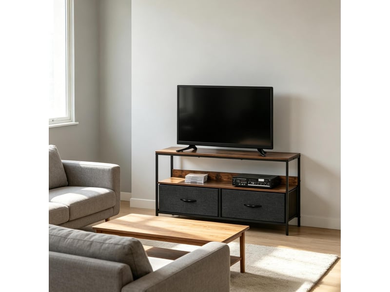  Meuble tv modenvie industriel 98 x 29 x 56 cm avec 2 tiroirs pliables marron rustique noir et gris  - Conforama E
