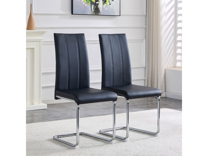 Lot de 2 chaises de salle à manger 41.5x42.5x99cm – chaises cantilever modernes à dossier haut avec métal argenté chromé – simili cuir - noir - Conforama B