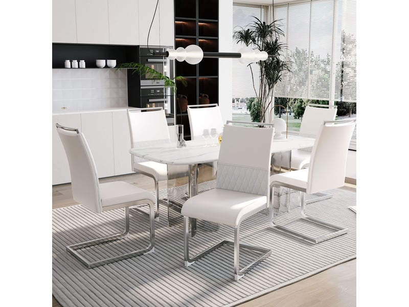  Lot de 6 chaises de salle à manger à dossier haut en similicuir et lin blanc  - Conforama C