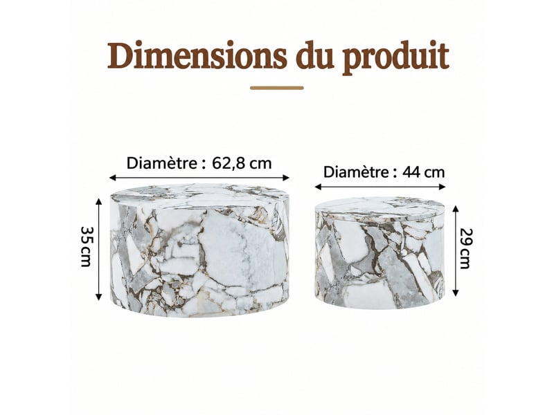  Lot de 2 tables basses rondes gigognes avec rangement, mdf blanc, couvercle amovible, diamètres de 62,8 cm et 44 cm.  - Conforama C