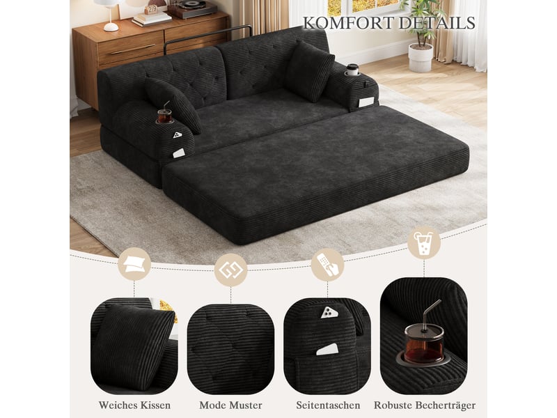  Canapé convertible 2 places en velours côtelé noir 168x80x81 cm W2845S00465 - Conforama D