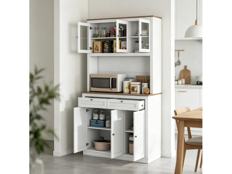  Buffet de cuisine haut avec 6 portes, 2 tiroirs et étagères réglables, passe-câble, blanc et chêne pour cuisine  - Conforama D