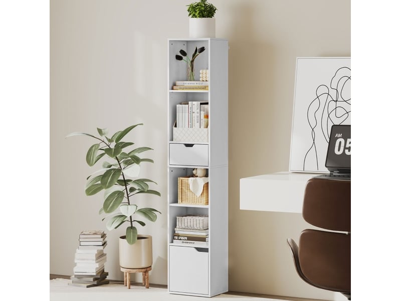  Bibliothèque à 6 niveaux 30 x 24 x 158 cm – blanc – étagère réglable avec tiroir, porte et rangement  - Conforama B