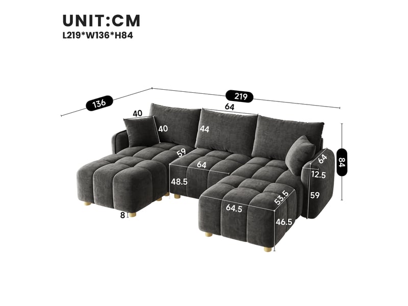Canapé d'angle modulable 5 places en lu avec 2 poufs, canapé nuage en tissu chenille, larges accoudoirs, gris - Conforama C