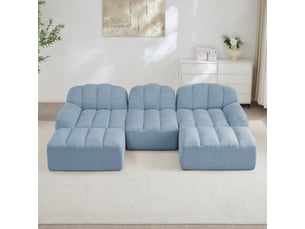 Canapé panoramique coquille 3 places, 2 poufs bleu – 288 x 165 x 79 cm