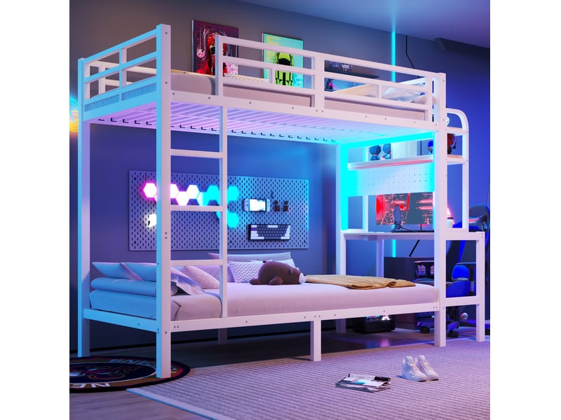  Lit superposé enfant 90x200 cm avec bureau, led et usb blanc  - Conforama B