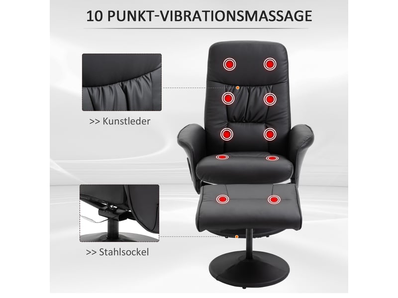  Fauteuil relax massant pivotant avec pouf, dossier inclinable et rangement, en cuir reconstitué noir  - Conforama D