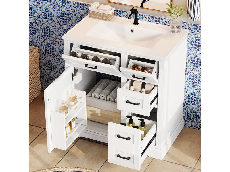  Meuble sous vasque à poser avec 1 porte, 4 tiroirs et vasque en céramique pour salle de bain blanc 76 × 47 × 82 cm  - Conforama D