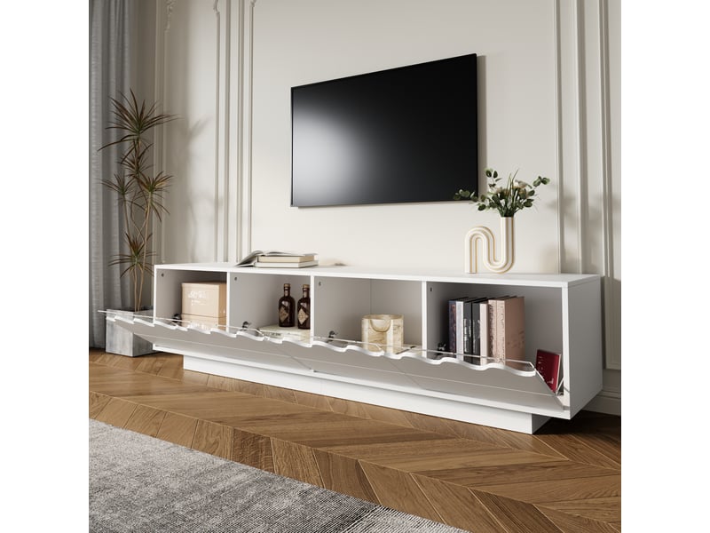  Meuble tv moderne 4 portes design ondulé, étagères en verre trempé, pour salon, 170 x 40 x 45 cm  - Conforama D
