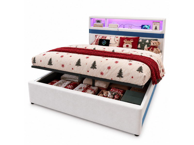  Lit coffre rembourré 140x200 cm avec hydraulique, lit surélevé avec tête de led à rangements, ports usb et poches, lit coffre en velours blanc et bleu OPULERANE TRADING LTD - Conforama A