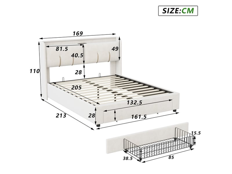  Lit 160x200cm - lit coffre 160x200cm - lit hydraulique avec rangement, tête de lit étagère, prises usb et led - velours beige  - Conforama E